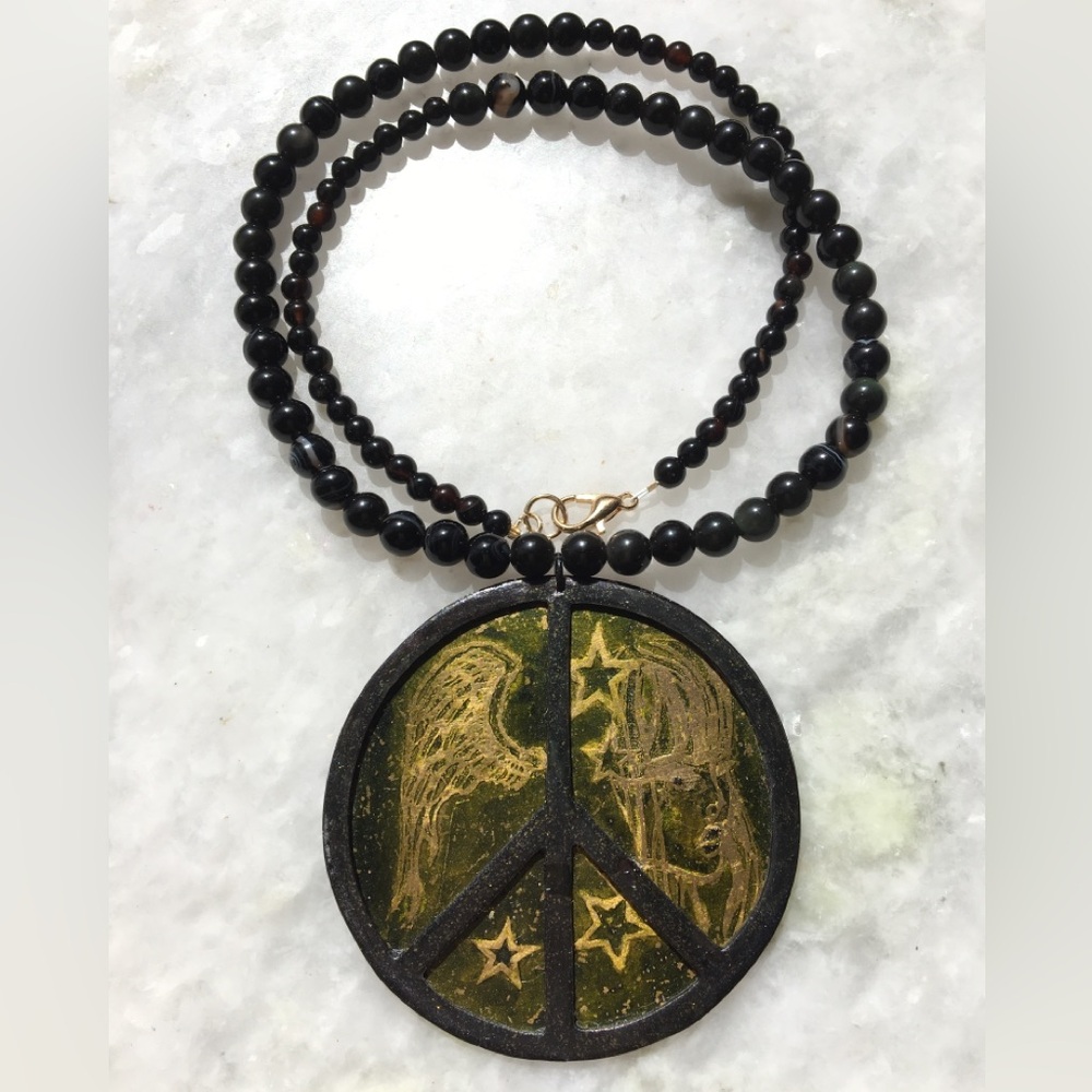 Peace Necklace | Handcrafted with black onyx and black agate beaded 18” necklace - Picture 5 of 15